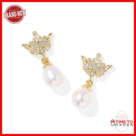 Gold Plated Pearl Drop Earrings with Crown Studs Fashion Jewelry